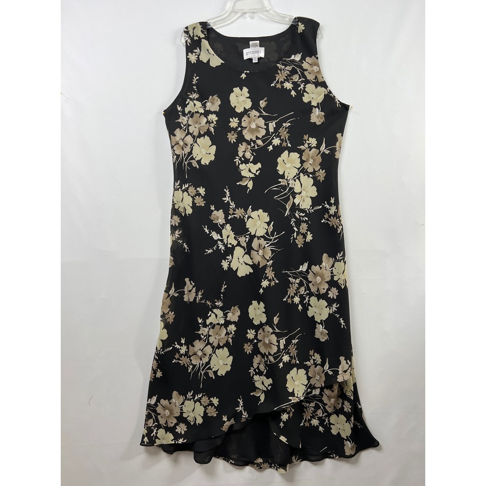 Studio I Dress Womens 14 Black Floral Sleeveless Asymmetrical Chiffon Midi